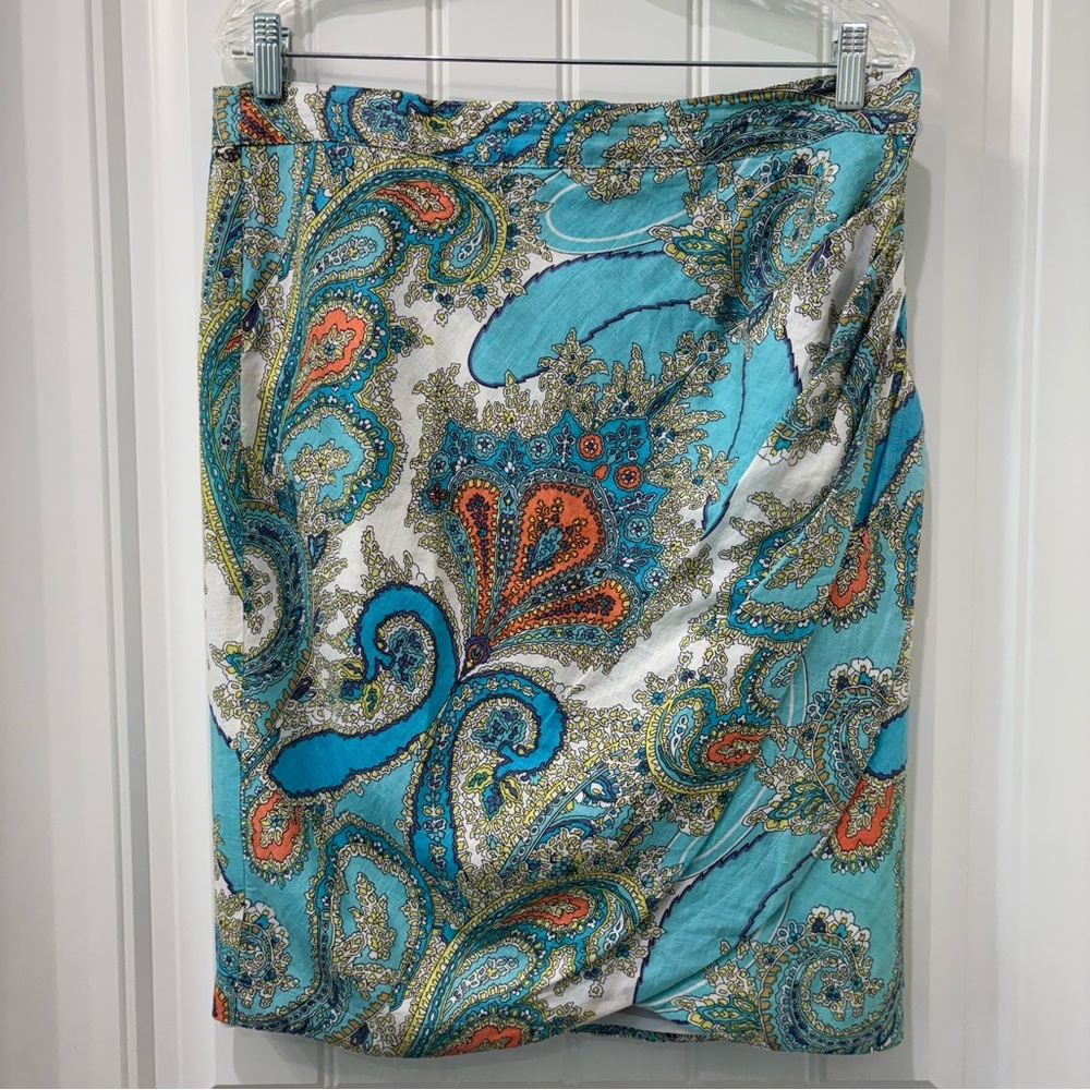 Sunny Leigh Women’s Teal/Orange/Yellow Faux-Wrap Lined Linen Skirt Size 12